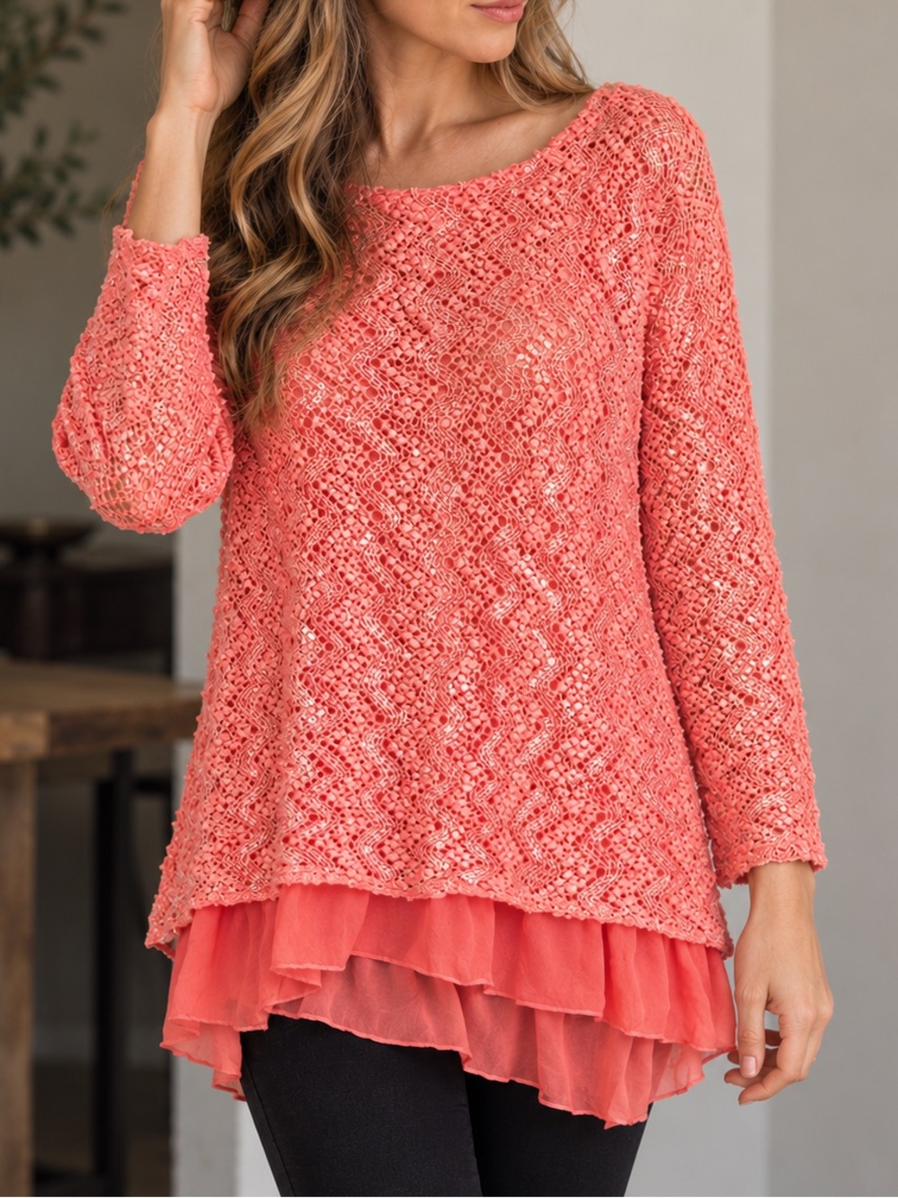 Miss & Yes Made in Italy Coral Pink Metallic Sequin Knit Layered Silk Tunic M/L